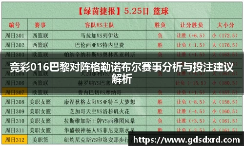 竞彩016巴黎对阵格勒诺布尔赛事分析与投注建议解析